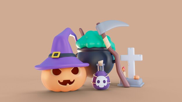 3D-Render-Halloween-Hintergrund mit gruseligen Elementen