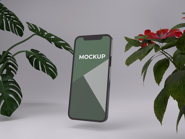 3d-render-natur-smartphone-mockup-design mit baum und blume