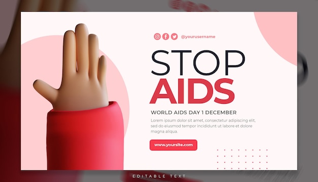 3d-render-welt-aids-tag-hand mit stop-aids-gesten-social-media-vorlage