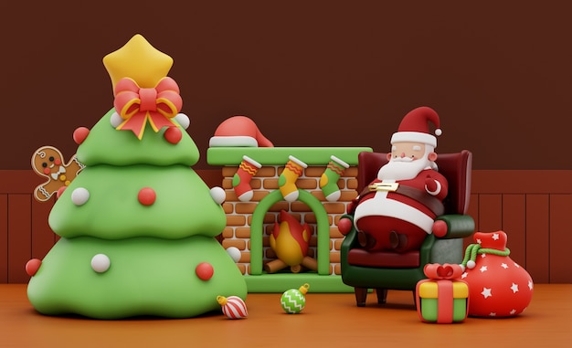 3d-rendering des weihnachtsmanns in seinem wohnzimmer