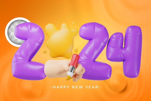 Kostenlose PSD 3d-rendering einer hand mit einem roten lippenstift und dem wort 2024 aus lila ballons, die auf orangefarbenem hintergrund isoliert sind