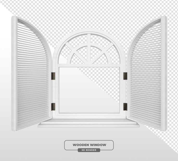 Kostenlose PSD 3d-rendering eines weißen holzbogenfensters mit offenen fensterläden