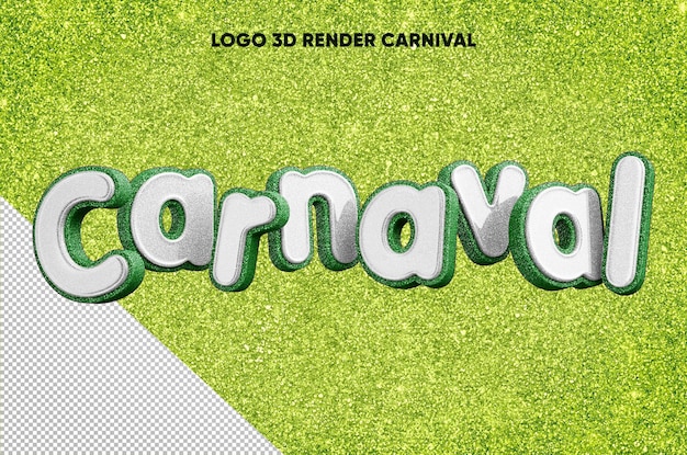 Kostenlose PSD 3d-rendering-karnevalslogo mit realistischer grüner glitzerstruktur mit weiß
