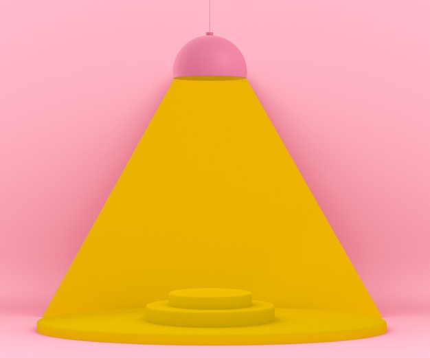 Kostenlose PSD 3d rosa und gelbe umgebung mit einer lampe, die eine plattform beleuchtet