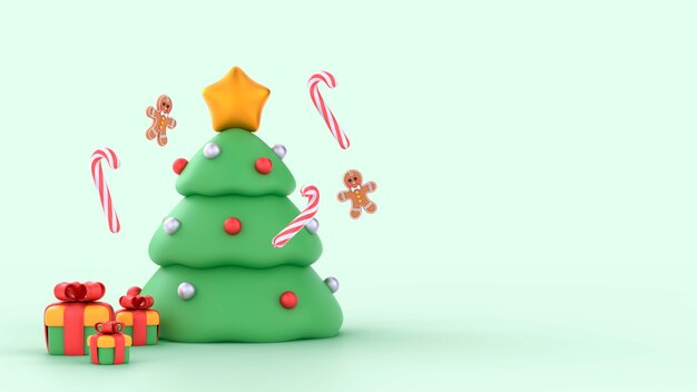 3D-Weihnachtshintergrund mit Baum, Geschenken und Keksen