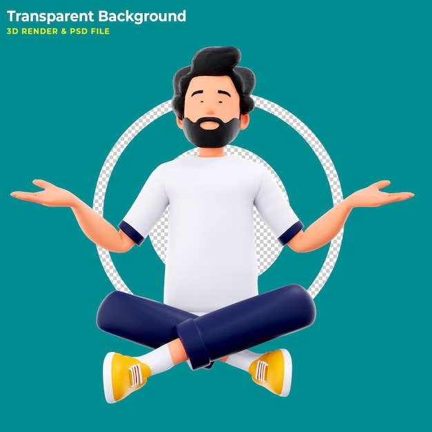 3D-Zeichentrickfigur Illustration eines meditierenden Mannes, der in Yoga-Lotusposition auf dem Boden sitzt