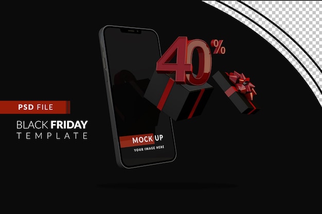 40 prozent black friday-aktion mit smartphone-modell und schwarzer geschenkbox