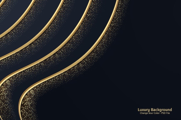 Abstrakte Kurve, die sich auf dunklem Hintergrund mit glitzernden und goldenen Linien überlappt, goldene Kombinationen aus leuchtenden Punkten