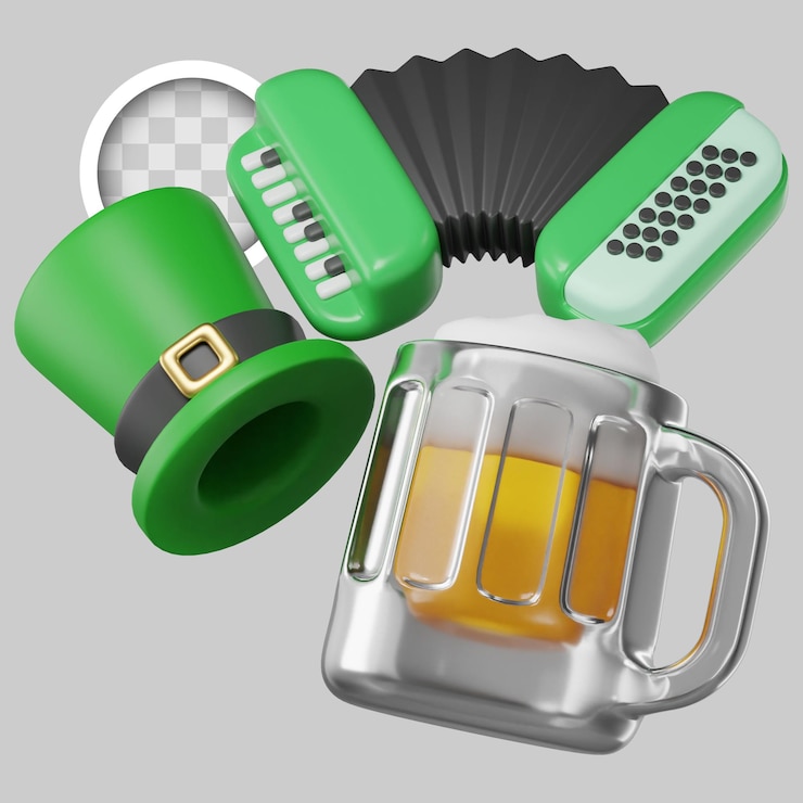 Kostenlose PSD akkordeonbier und st. patricks hut 3d-illustration