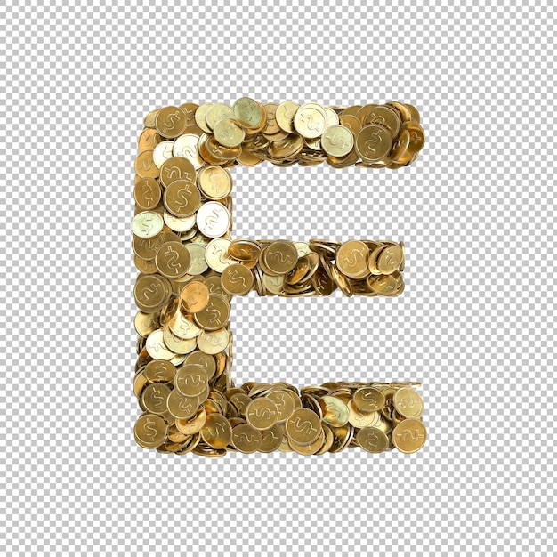 Kostenlose PSD alphabet aus goldmünzen auf transparentem hintergrund