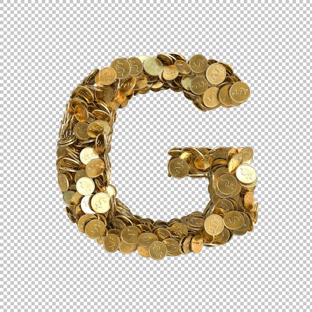 Kostenlose PSD alphabet aus goldmünzen auf transparentem hintergrund