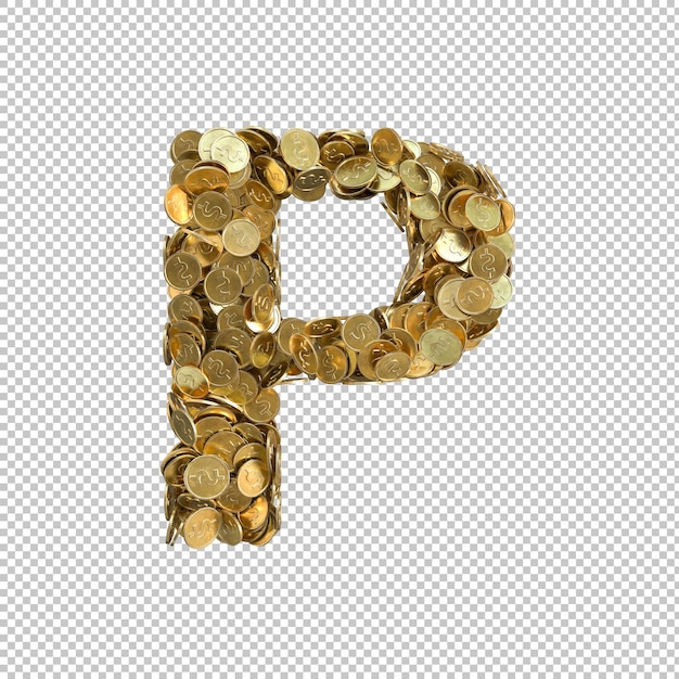 Kostenlose PSD alphabet aus goldmünzen auf transparentem hintergrund