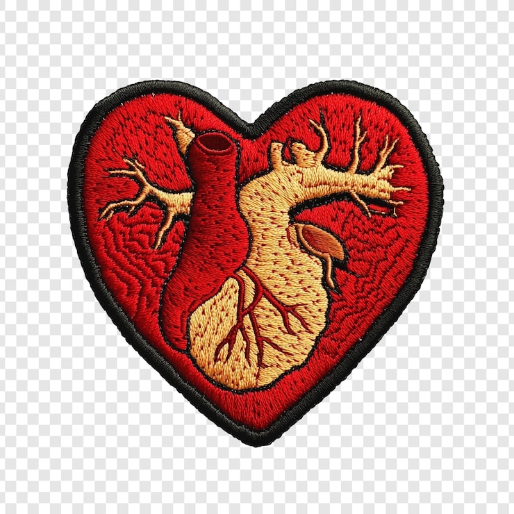 Kostenlose PSD anatomisches herzpflaster mit roter und goldener gesticktem herzform