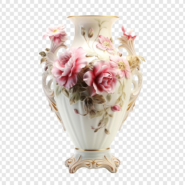 Antike porzellanvase mit bemalten blumen, die auf durchsichtigem hintergrund isoliert sind