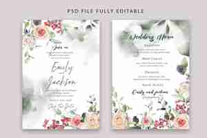 Kostenlose PSD aquarell elegante hochzeitseinladung und menüvorlage