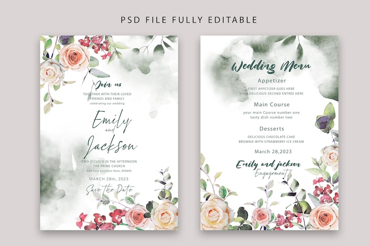 Kostenlose PSD aquarell elegante hochzeitseinladung und menüvorlage