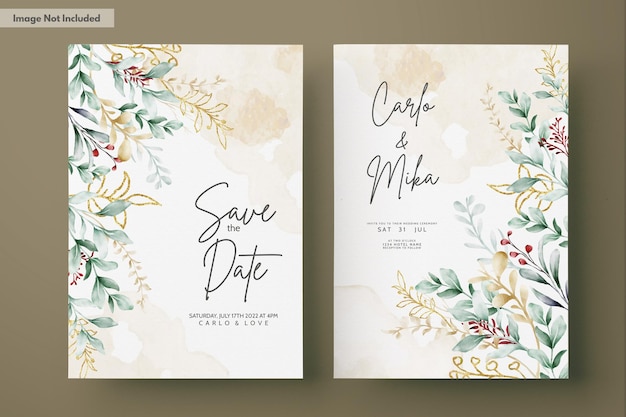 Aquarell Hochzeit Einladungskarte in grünen Blättern und Gold Ornament