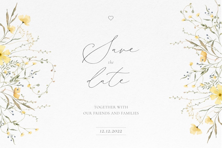 Kostenlose PSD aquarell-hochzeitskarte mit zarten blumenarrangements