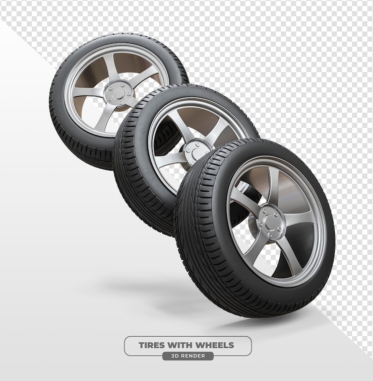 Kostenlose PSD autoreifen mit metallrad in 3d-rendering mit durchsichtigem hintergrund