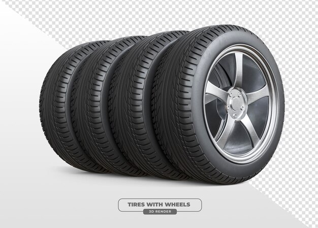 Autoreifen mit Metallrad in 3D-Rendering mit durchsichtigem Hintergrund