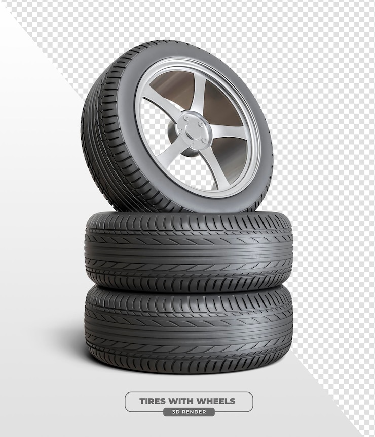 Kostenlose PSD autoreifen mit metallrad in 3d-rendering mit durchsichtigem hintergrund