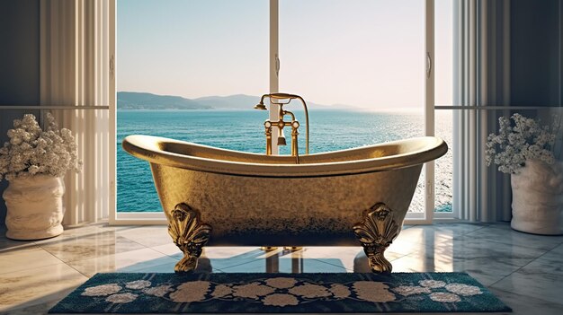 Badewanne mit goldener Vase und Handtuch mit Meerblick. Generative KI