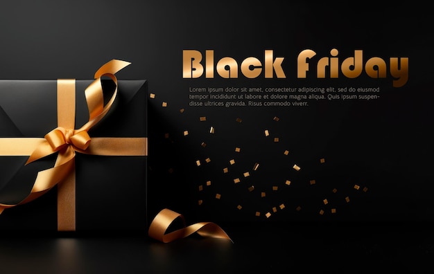 Kostenlose PSD banner für black friday mit schwarzer geschenkbox mit goldenem band und text auf dunklem hintergrund