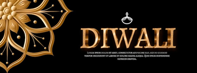 Kostenlose PSD banner mit goldenem text über mandala und schwarzem hintergrund für diwali