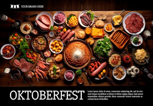 Kostenlose PSD banner mit text zum oktoberfest auf dem tisch mit traditionellem essen