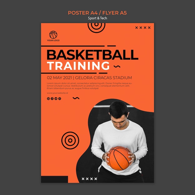 Kostenlose PSD basketballtraining und mann flyer vorlage