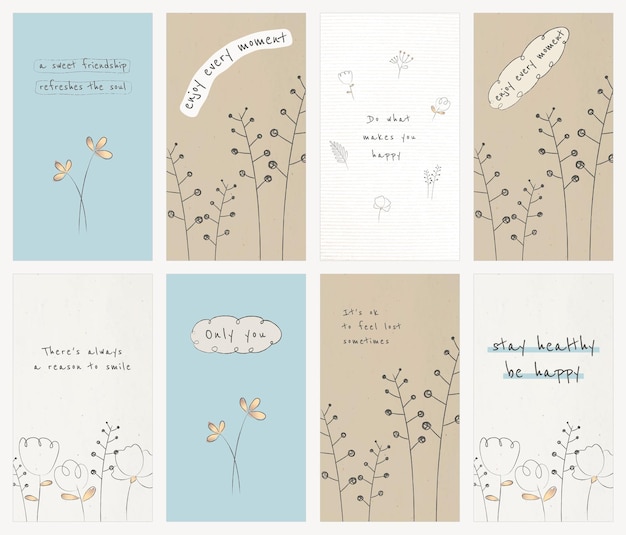 Kostenlose PSD bearbeitbare vorlage für motivierende zitate mit wildblumen-doodles-set