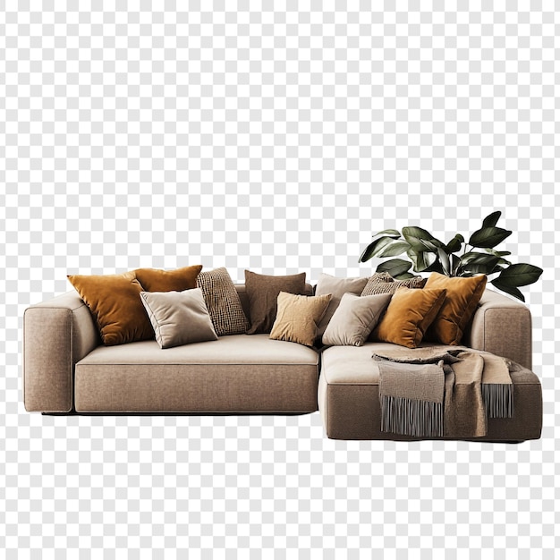 Beige Sektionssofa mit senfgelbem Kissen und einer Pflanze