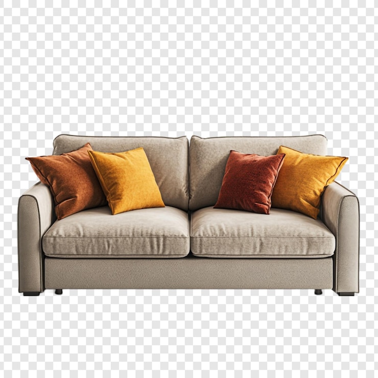Kostenlose PSD beige sofa mit orangefarbenen und gelben kissen