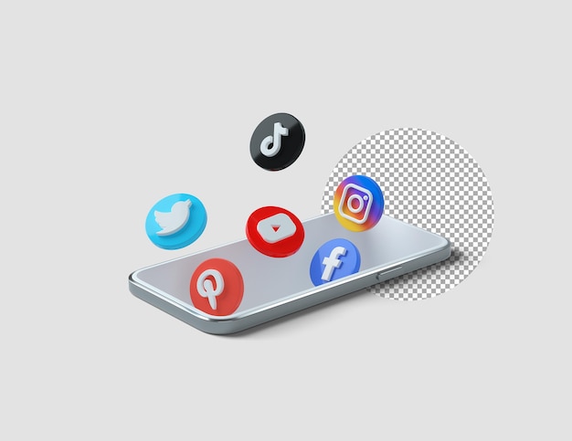 Kostenlose PSD beliebte 3d-symbole für soziale medien, die aus dem telefon kommen