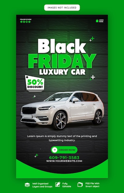 Kostenlose PSD black friday auto- und automobil-superverkauf instagram- und facebook-story-banner-vorlage