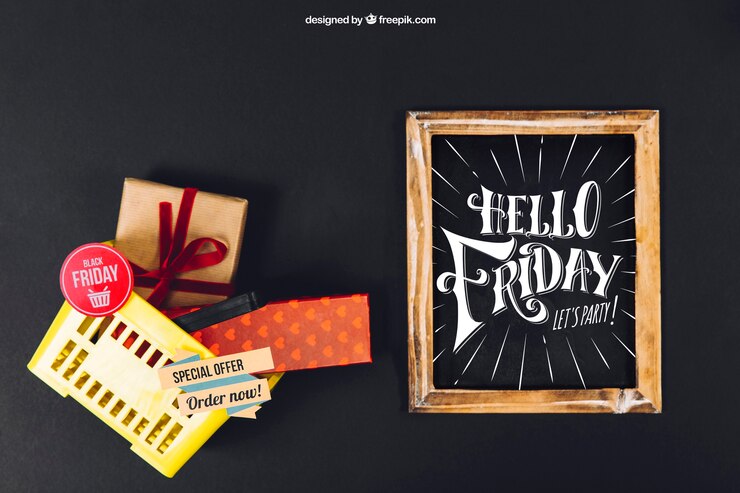 Kostenlose PSD black friday mockup mit schiefer und korb