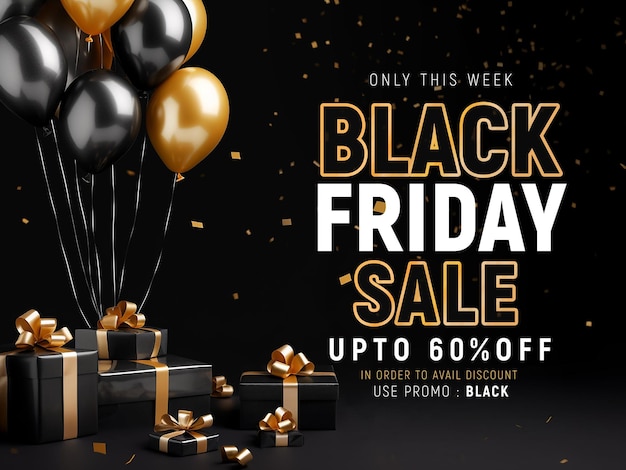 Black friday sale social-media-banner-design-vorlage mit realistischen luftballons und geschenkbox