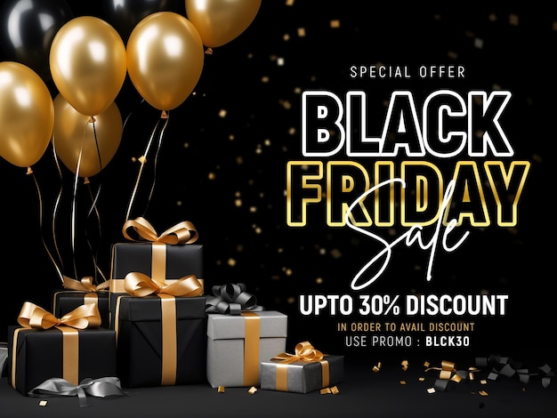 Black friday sale social-media-banner-design-vorlage mit realistischen luftballons und geschenkbox