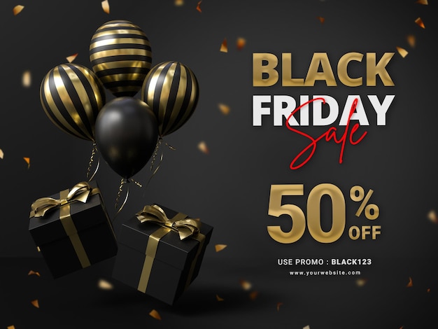 Kostenlose PSD black friday verkauf banner design vorlage mit realistischen ballons und geschenkkiste