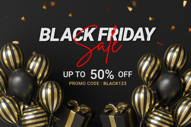 Black friday verkauf banner design vorlage mit realistischen ballons und geschenkkiste