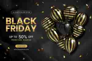 Kostenlose PSD black friday verkauf banner design vorlage mit realistischen ballons und konfetti