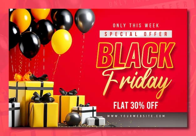 Kostenlose PSD black friday verkauf banner vorlage mit 3d-geschenke und ballons