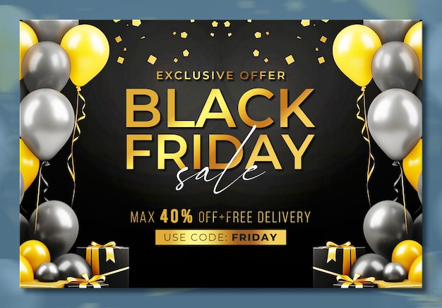 Kostenlose PSD black friday verkauf banner vorlage mit 3d-geschenke und ballons