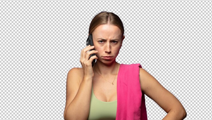 Kostenlose PSD blonde fitnessfrau mit einem smartphone