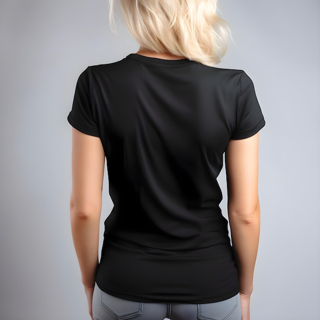 Blonde frau in einem leeren schwarzen t-shirt frontview mock up für design