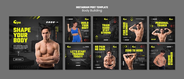 Kostenlose PSD bodybuilding-training instagram-post-set