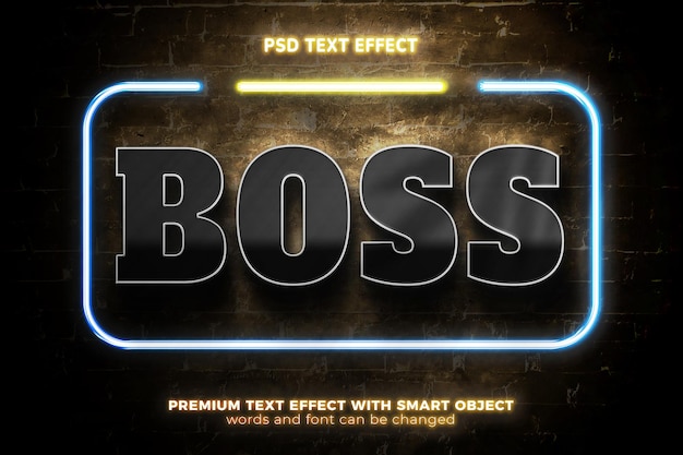 Boss black silver glow bold 3d editierbarer texteffekt wandmodell Premium PSD