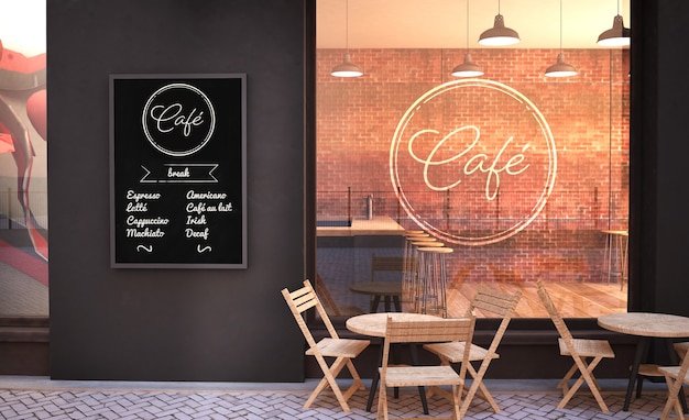 Cafe fassade modell mit glaswand und poster 3d-rendering