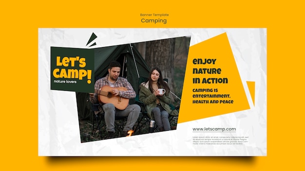 Camping horizontale Banner-Vorlage mit zerknittertem Papiereffekt