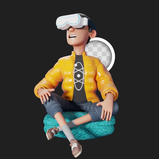 Charakter sitzt und genießt seine virtuelle Realitätsbrille 3D-Illustration